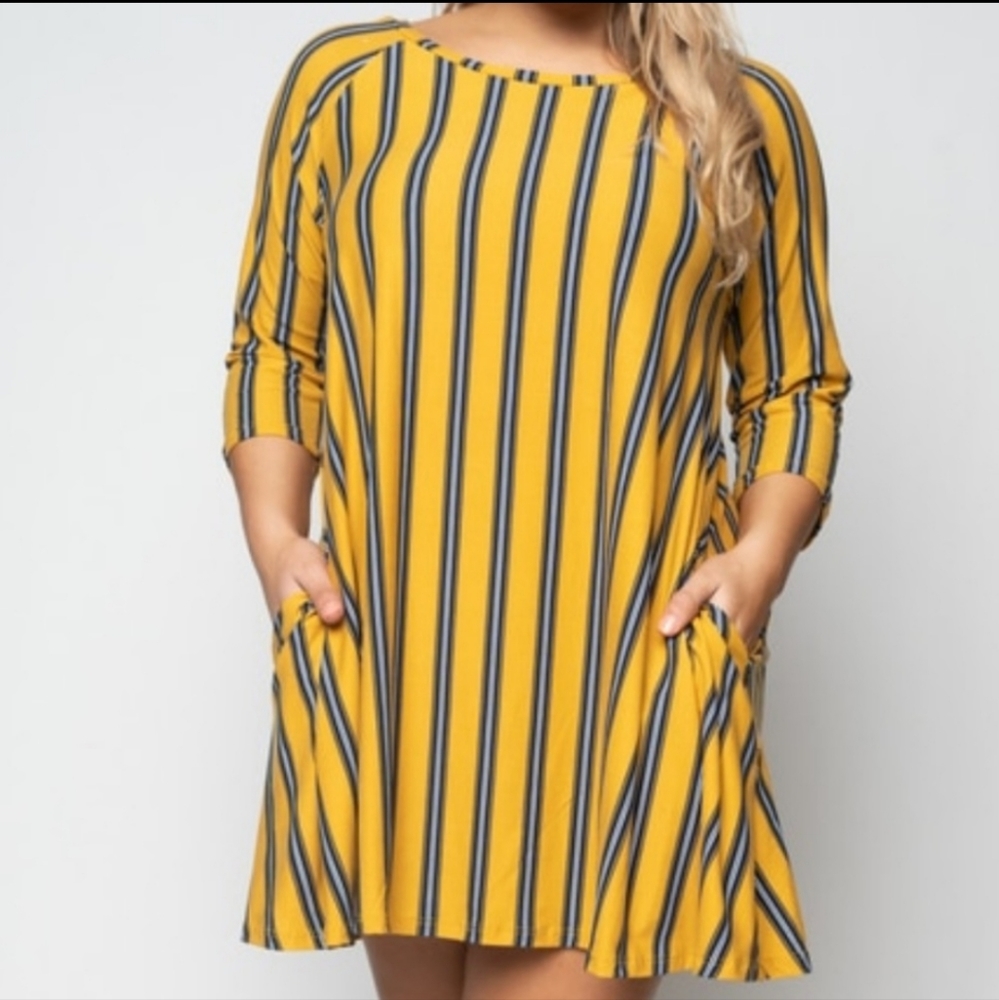 Plus size blue and mustard vertical striped 3/4 sleeve dress